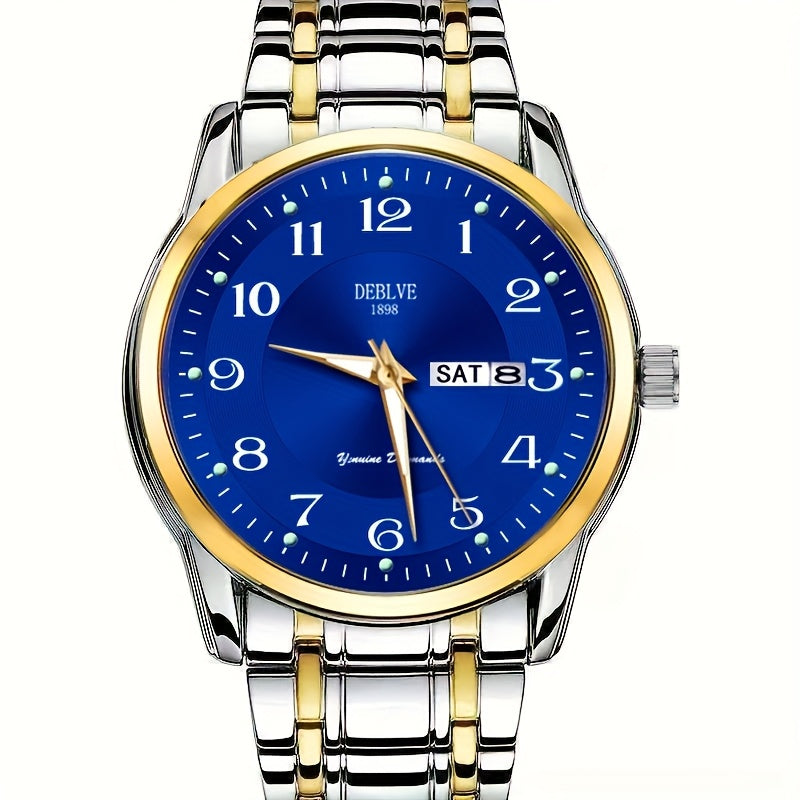 DEBLVE Men'S Fashionable Stainless Steel Watch with Luminous Numbers, Calendar & Week Display - Quartz Movement, Business Style, Ideal for Travel & Daily Use