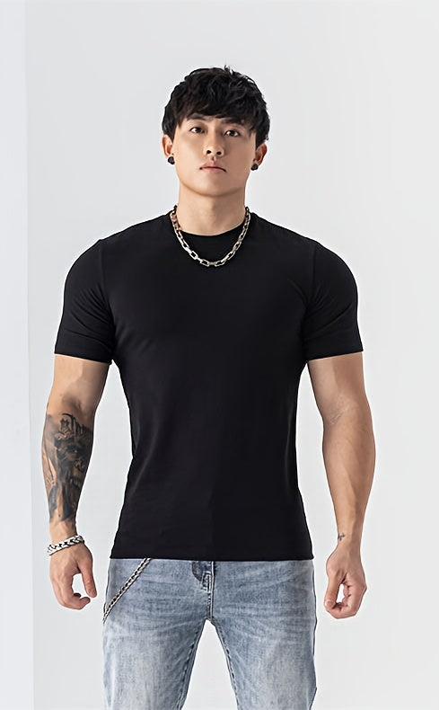 Men's Summer Athletic T-Shirt - Moisture-Wicking Stretch Fabric Slim Fit Round Neck Short Sleeve Tee for Gym, Running, Training - Solid Color Black, Gym Apparel | Machine Washable Top, Gym Shirts