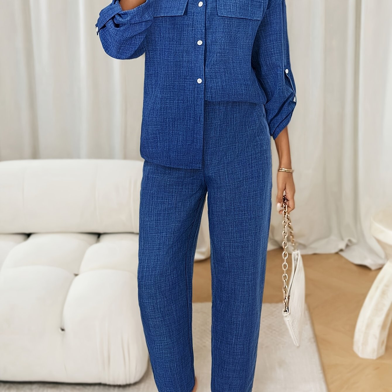Elegant Women's Two-Piece Outfit: Solid Color Button-Up Shirt & Wide-Leg Pants Set - Polyester, Machine Washable - Perfect for Spring/Fall