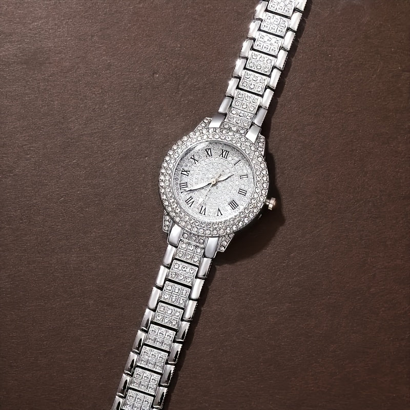 Fashionable Women's Quartz Watch Set With Rhinestones - Stainless Steel Band, Round Zinc Alloy Case, Pointer Display, Non-Rechargeable Battery - Includes Elegant Bracelet, Timer Function - 4 Piece Gift Set For Valentine's, Ea