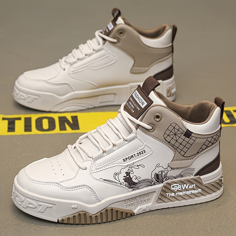 Men's High-Top Skate Sneakers - Comfortable, Non-Slip Casual Shoes for Outdoor Walking & Jogging, Stylish Striped/Solid Design, Lace-Up, All Seasons