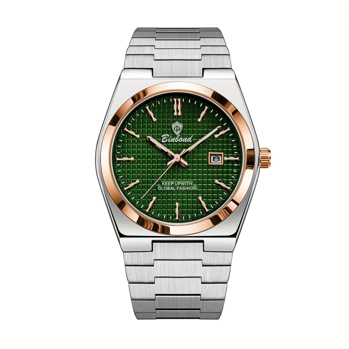 Binbond Luxury Men's Quartz Watch - Stylish Blue Dial, Rose Golden Accents, Waterproof Stainless Steel Band, Calendar Feature, Fashionable Business Design, Formal Accessory | Modern Quartz Watch | Rose Golden Details