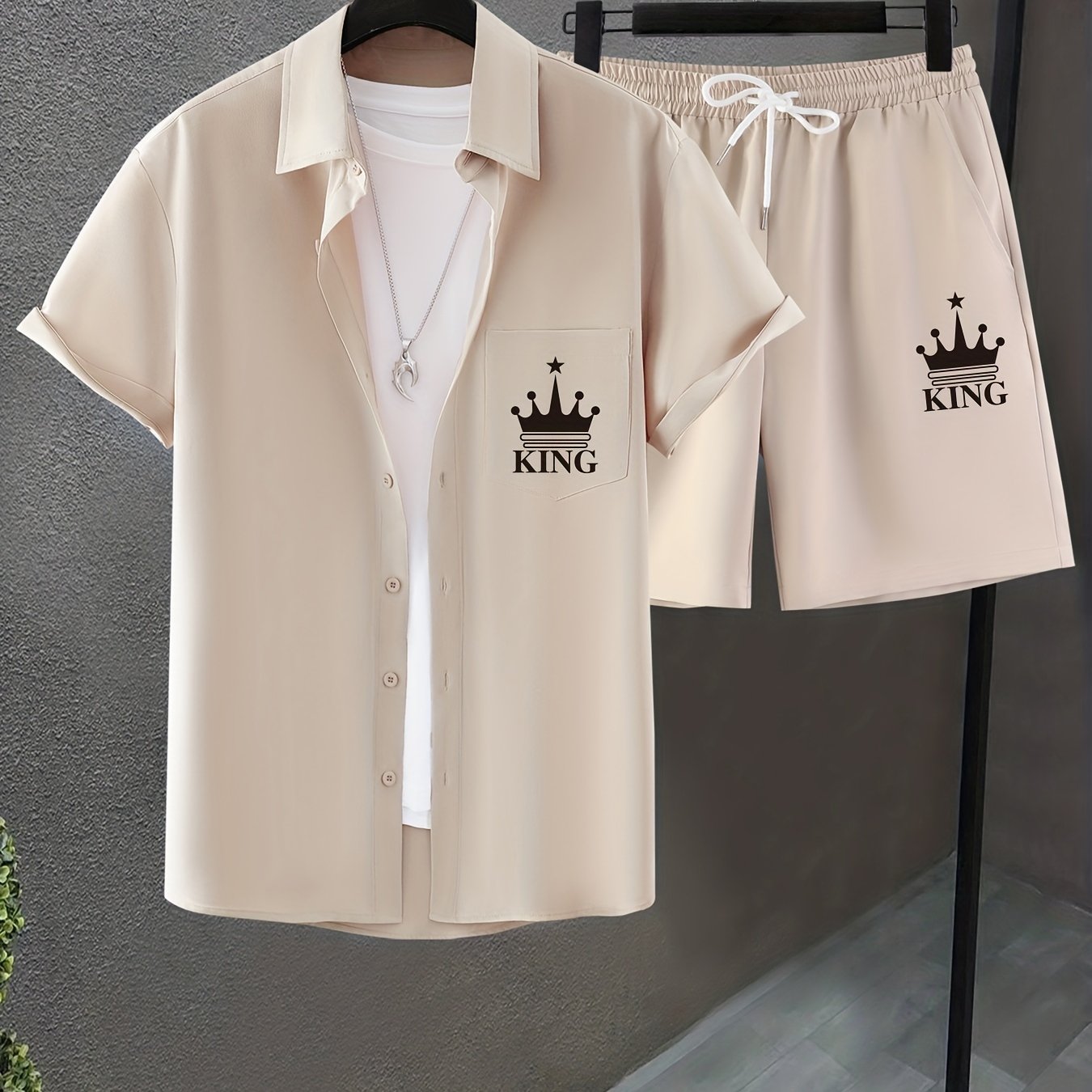 Men's Casual Short Sleeve Collar Shorts Printed Fashion Suit