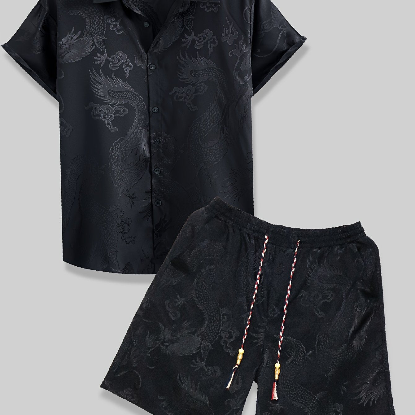HZCX FASHION Men'S Vintage Summer Beachwear Set - Casual Button-Up Shirt & Drawstring Shorts with Traditional Dragon Design, Non-Stretch Fabric, Regular Fit, Perfect for Casual Attire, Summer Apparel | Casual Beachwear | Draw
