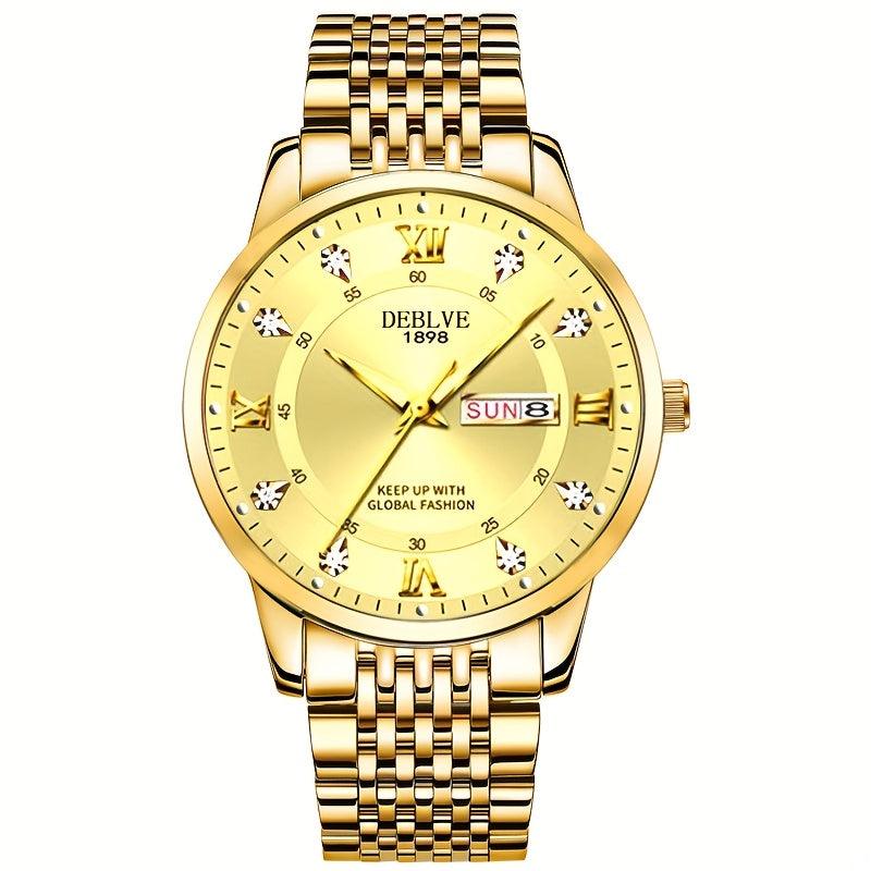 1pc Men'S Business Style Roman Dial Quartz Watch with Luminous Date and Day Display, Stainless Steel Alloy Strap, IPX7 Waterproof, Battery Operated, Elegant Fashion Accessory + Box