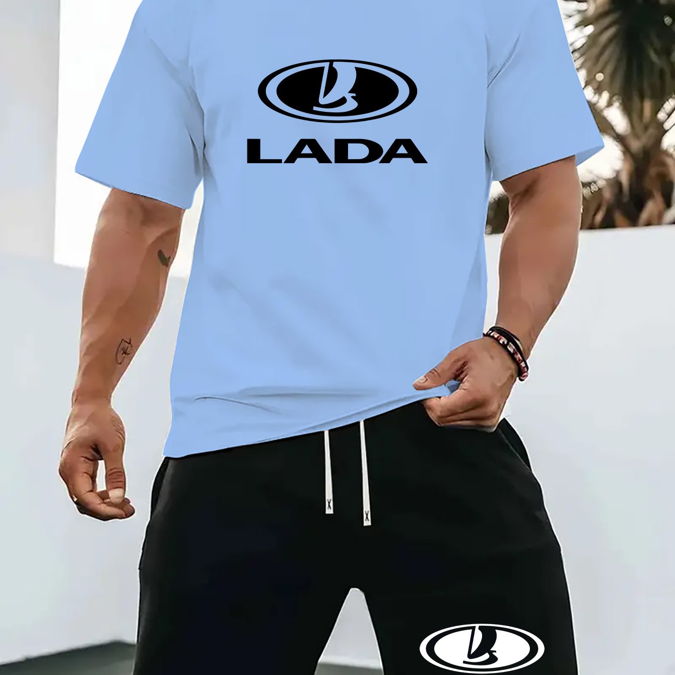 Men'S Summer Casual Sport Two-Piece Set - LADA Letter Pattern Print T-Shirt and Black Drawstring Shorts, Casual Sportswear, Regular Fit - Perfect for Summer Outdoor