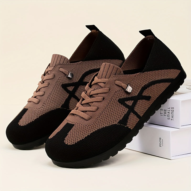 Women's Lightweight Breathable Slip-On Sneakers - Casual Low-Top Shoes with Knit Fabric Upper & Durable PVC Sole, Comfortable for Indoor Outdoor Spring Wear, Brown & Black, Ladies Sneakers