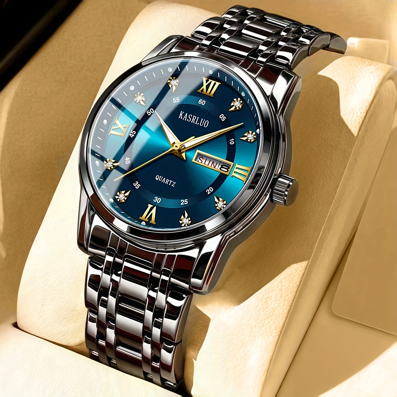 1pc KASRLUO Men'S Business Sports Watch - Stainless Steel Band, Double Date Display, Quartz Movement, Round Alloy Case, Electronic Drive, Calendar Feature, Ideal Gift for Men, KASRLUO