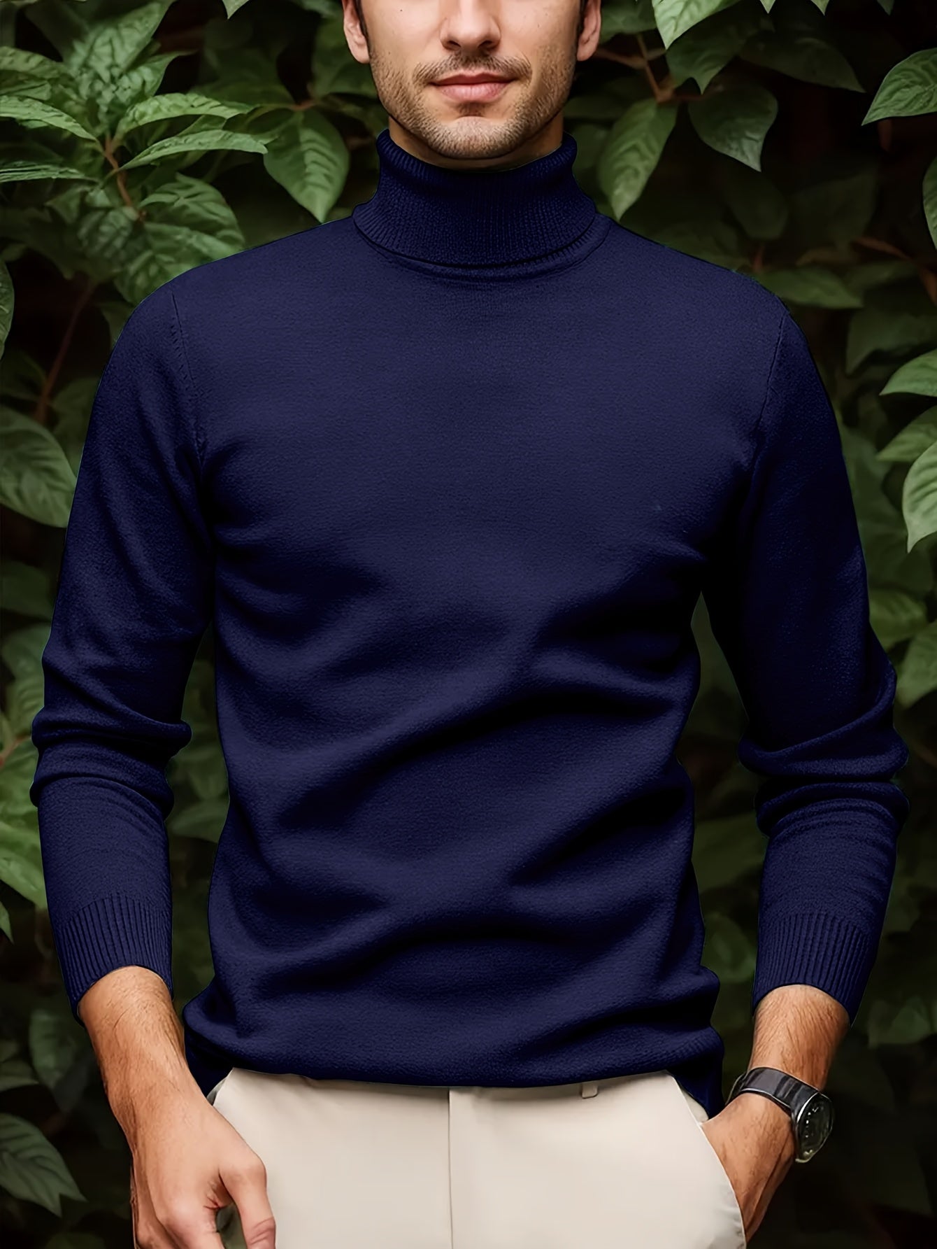 Men's Sleek Light Blue Turtleneck Sweater - Casual Knit Pullover with Ribbed Cuffs, Long Sleeves for Fall/Winter, Soft Viscose Blend