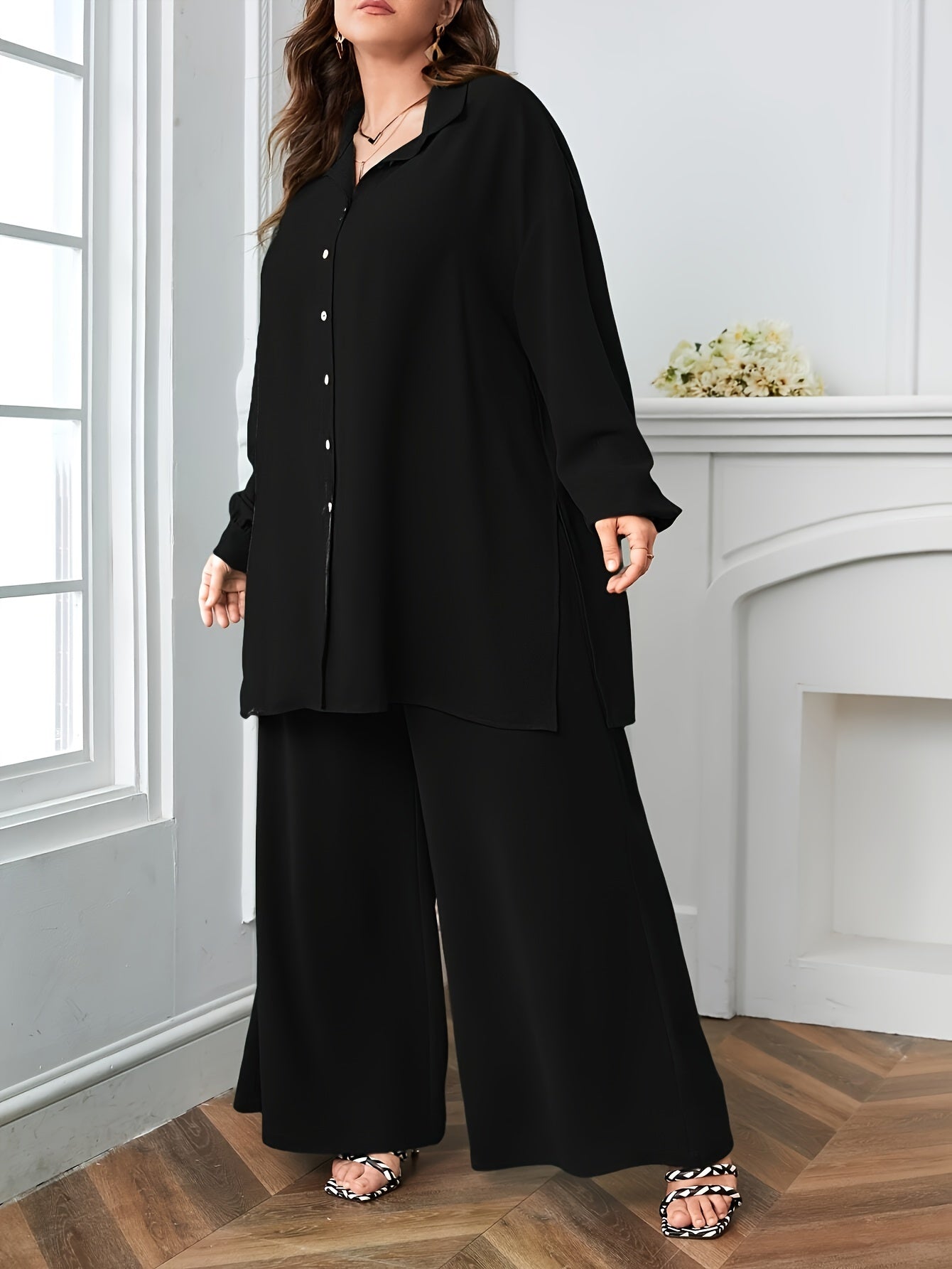 Elegant Plus Size Women'S Two-Piece Set: Stylish V-Neck Blouse & Wide Leg Pants - Perfect for Formal Occasions, Plus Size Blouses