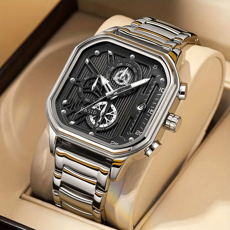 BASID Men's Elegant Square Analog Quartz Watch with Date Display & Stopwatch - Stainless Steel Strap, Black Dial - Casual & Dress Watch for Men, Unique Gift Idea, Versatile Wristwatch, Sleek Watch Design, Polished Finish