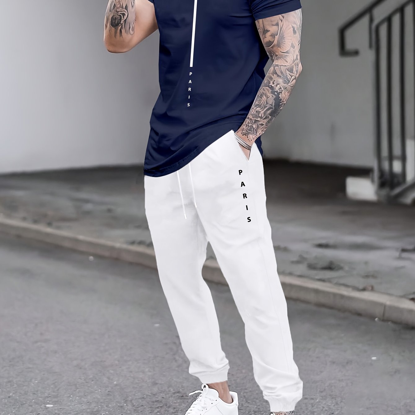 1set Men'S Casual Sportswear Set, Geometric Pattern Short Sleeve T-Shirt and Drawstring Joggers, Knitted Polyester and Elastane Blend, Round Neck, Regular Fit, Four Seasons Outfit