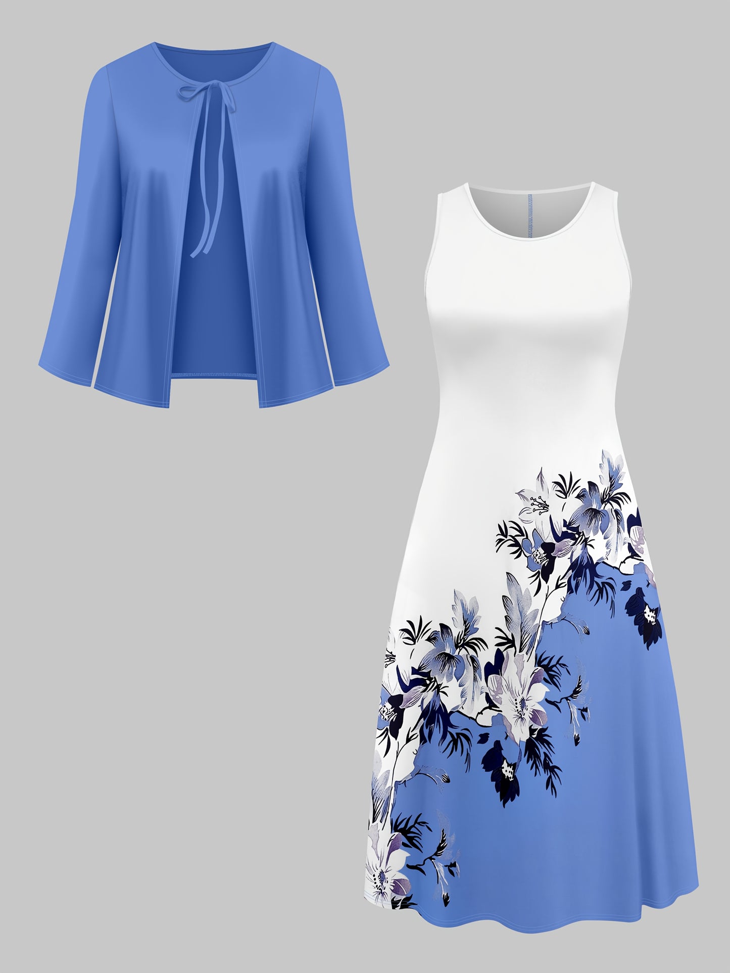 Fashion Women's solid color small cardigan and floral print patchwork dress two-piece set