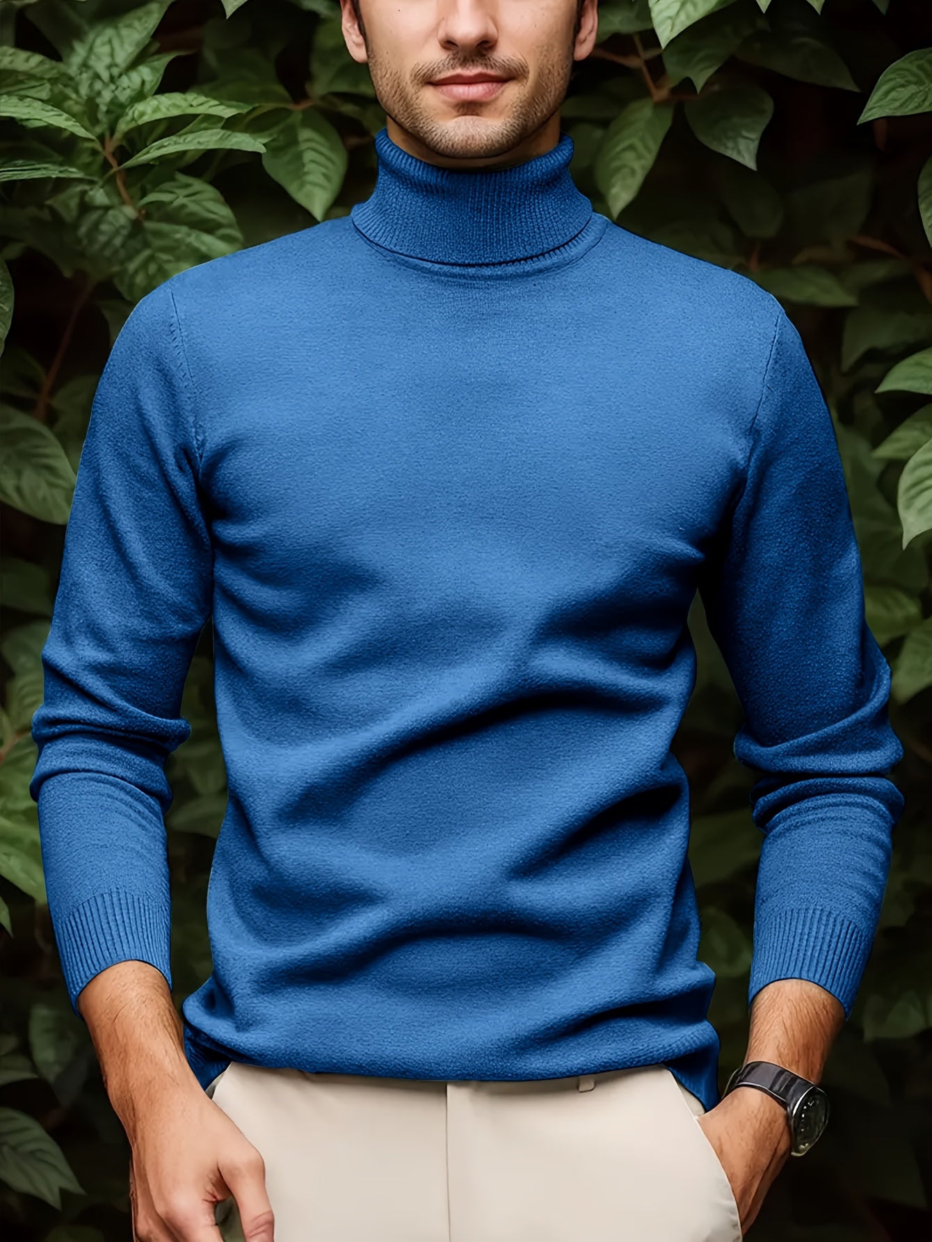 Men's Sleek Light Blue Turtleneck Sweater - Casual Knit Pullover with Ribbed Cuffs, Long Sleeves for Fall/Winter, Soft Viscose Blend