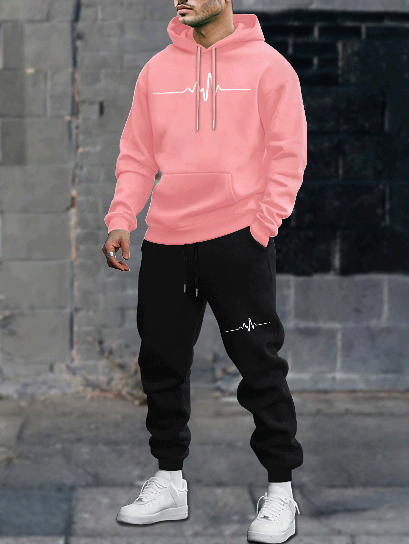 1set Men'S Casual Geometric Heartbeat Pattern Hoodie and Sweatpants Set, Polyester and Spandex Blend, Loose Fit, Hooded Pullover for Autumn/Winter