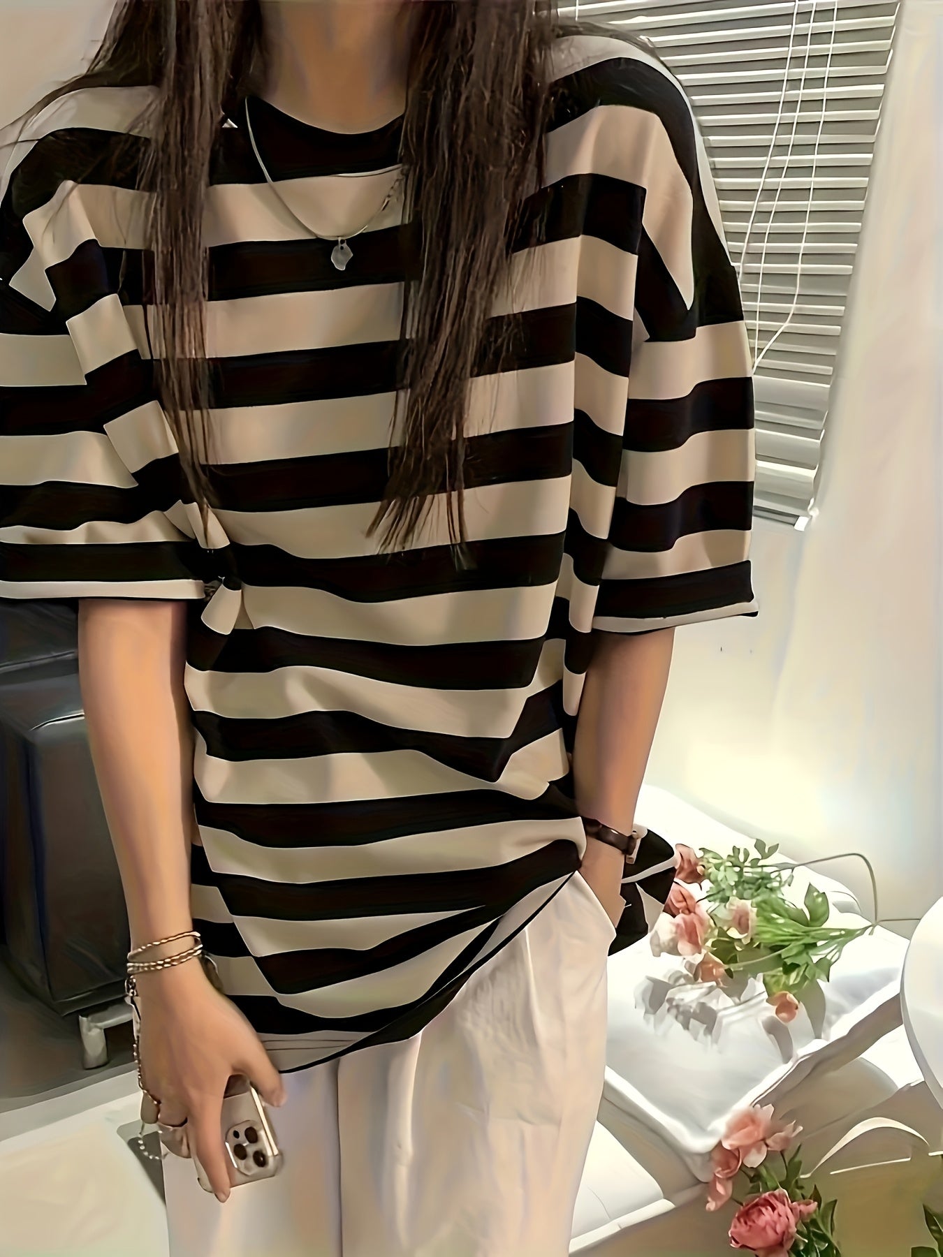 Women'S Classic Black & White Striped T-Shirt - Casual Summer Short Sleeve, Ultra-Loose Fit with Round Neckline, Machine Washable Polyester Blend, Allseason Top|Relaxed Fit Top|Stretchable Fabric