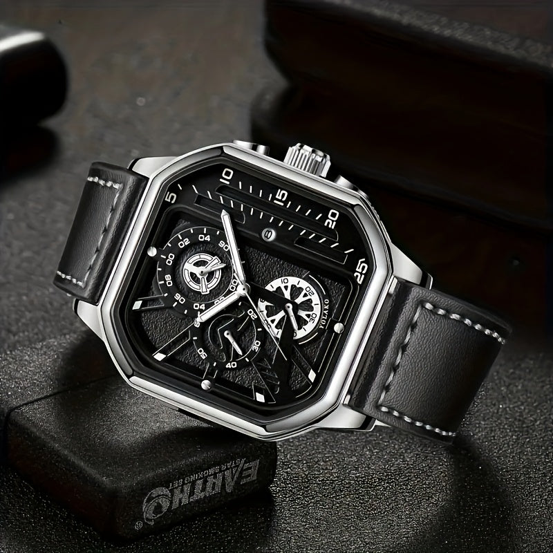 1 Casual Men's Quartz Watch, PU Leather Strap Business Watch Set Suitable for All Occasions, Jewelry Gift for Dad, Boyfriend, Suitable for All Festivals (Box Not Included)