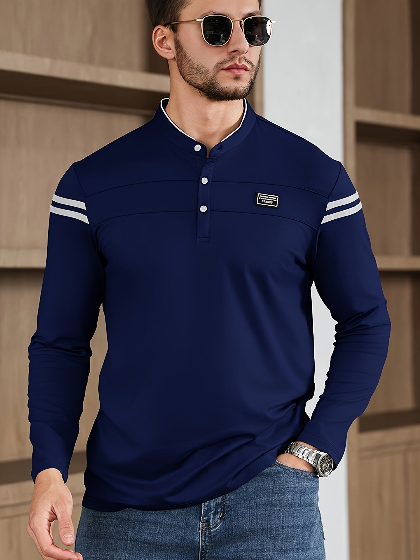 Men'S Casual Long Sleeve T-Shirt - Solid Color with Stand Collar & Stripe Polo, Button-Up Front, Ideal for Outdoor Activities