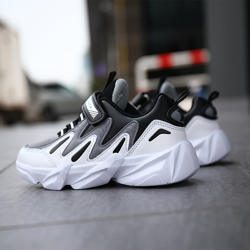 Youngsters' Lightweight Sporty Casual Sneakers with Closure, Geometric Color-Block Design, PU Upper & EVA Sole for Winter/Autumn - Breathable Fabric Lining, Grey & White, Winter Youngsters Footwear | Durable EVA Sole, Girls S