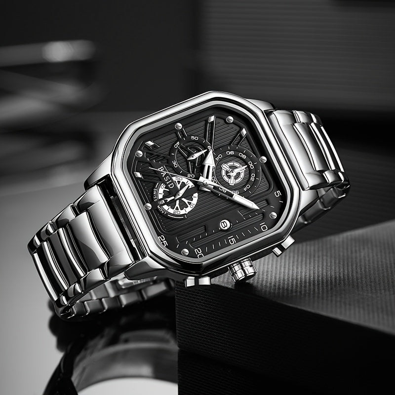 BASID Men's Elegant Square Analog Quartz Watch with Date Display & Stopwatch - Stainless Steel Strap, Black Dial - Casual & Dress Watch for Men, Unique Gift Idea, Versatile Wristwatch, Sleek Watch Design, Polished Finish