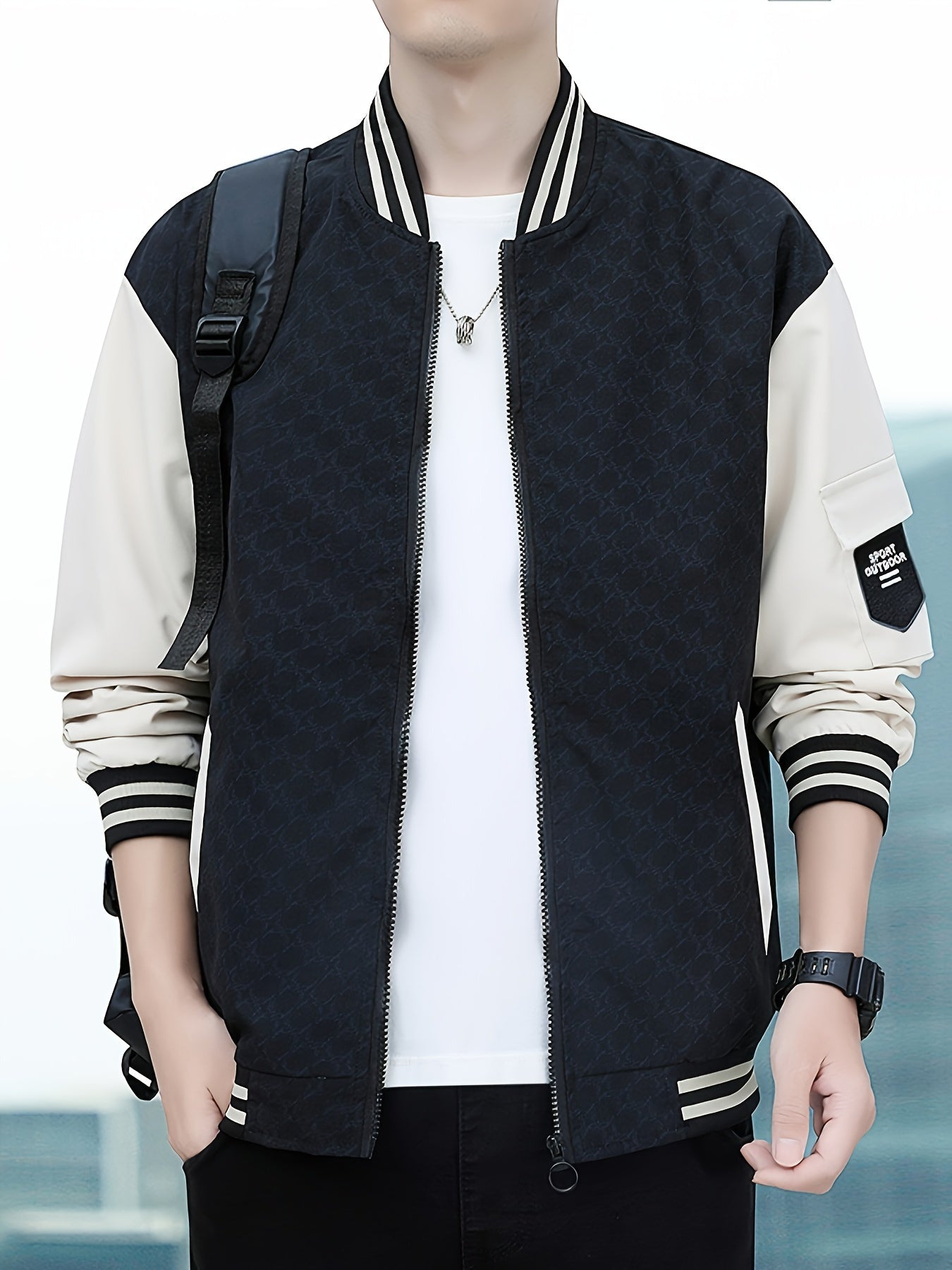Men'S Lightweight Geometric Pattern Bomber Jacket - Casual Long Sleeve Zip-Up with Pockets, White & Gray, Polyester Lining, Perfect for Fall, Autumn Jacket