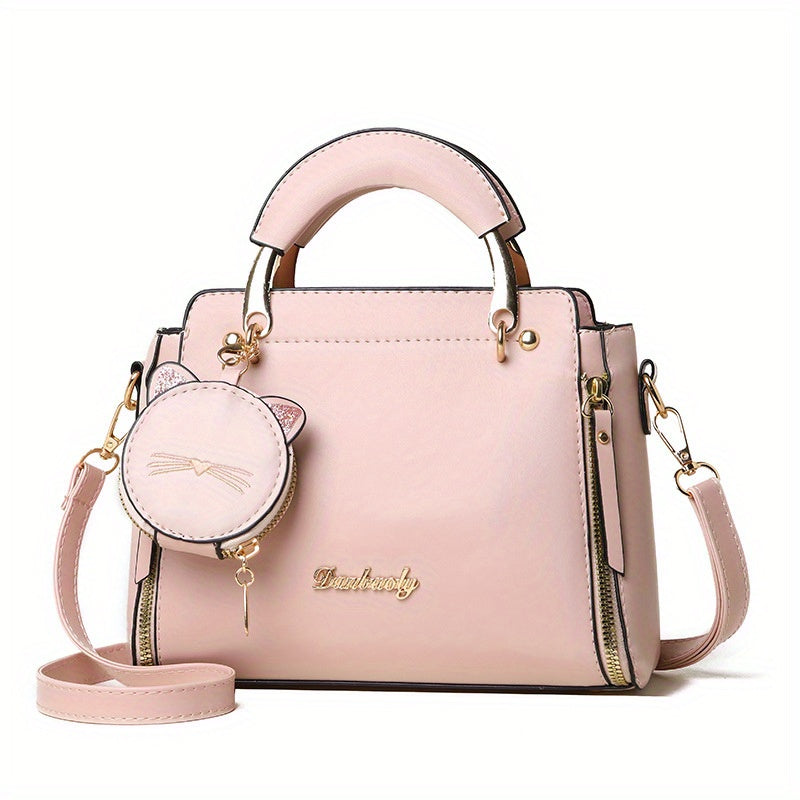 Women'S Fashion 2023 Embroidered Cat Design Messenger Bag, Removable Strap, Zipper Closure, Polyester Lined, Casual Shoulder Handbag with Edge Paint Detail