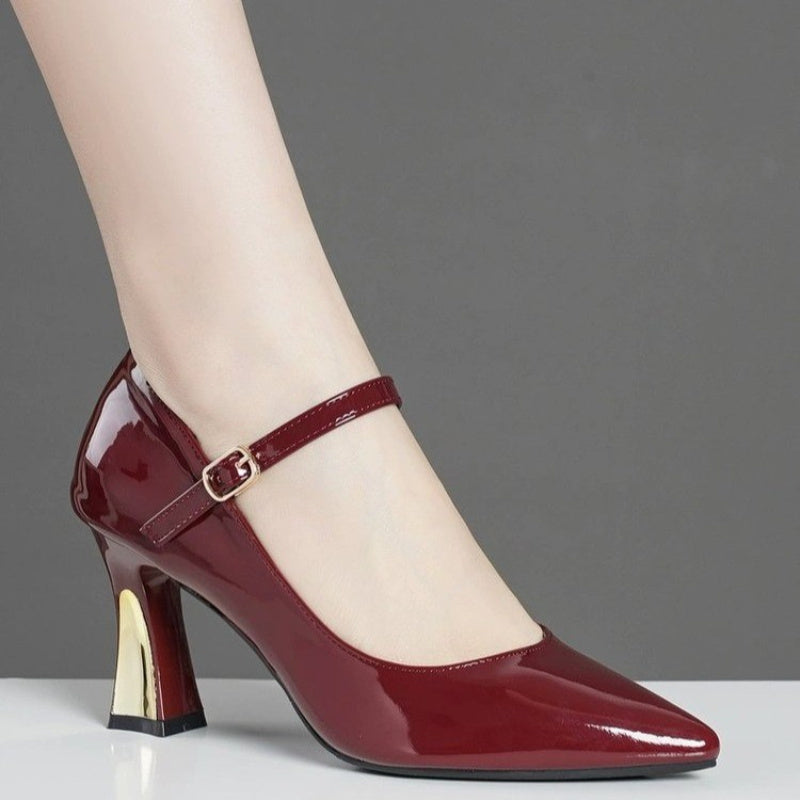Women's Burgundy Synthetic Cover Mary Jane High Heels - Pointed Toe Chunky Block Heel with Adjustable Ankle Strap & Golden Buckle, Glossy Finish for Spring, Casual & Formal Events, Casual Chic Shoes | Pointed Toe Heels | Dura