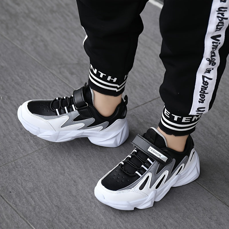 Boys' Athletic Sneakers with Hook-and-loop Fastener Strap - Casual Outdoor Sports Shoes, PU Upper, EVA Sole, Striped/Diamond Pattern, All-Season Wear, Boy Shoes