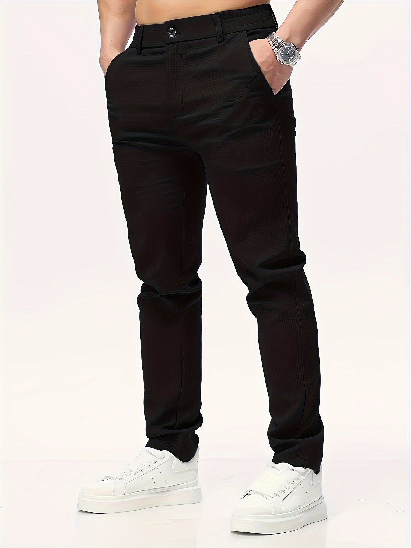 Men's Casual Solid Color Pants - Polyester, Machine Washable, Button Detail, Regular Fit for All Seasons