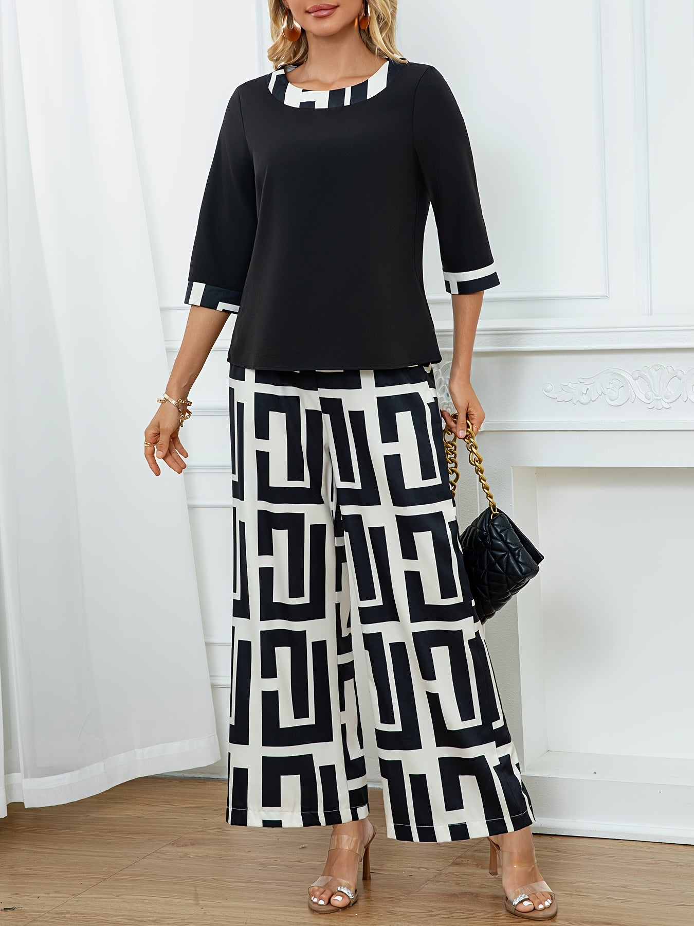 Women's Elegant Spliced Round Neck Top + Geometric Print Wide-Leg Pants Two-Piece Set