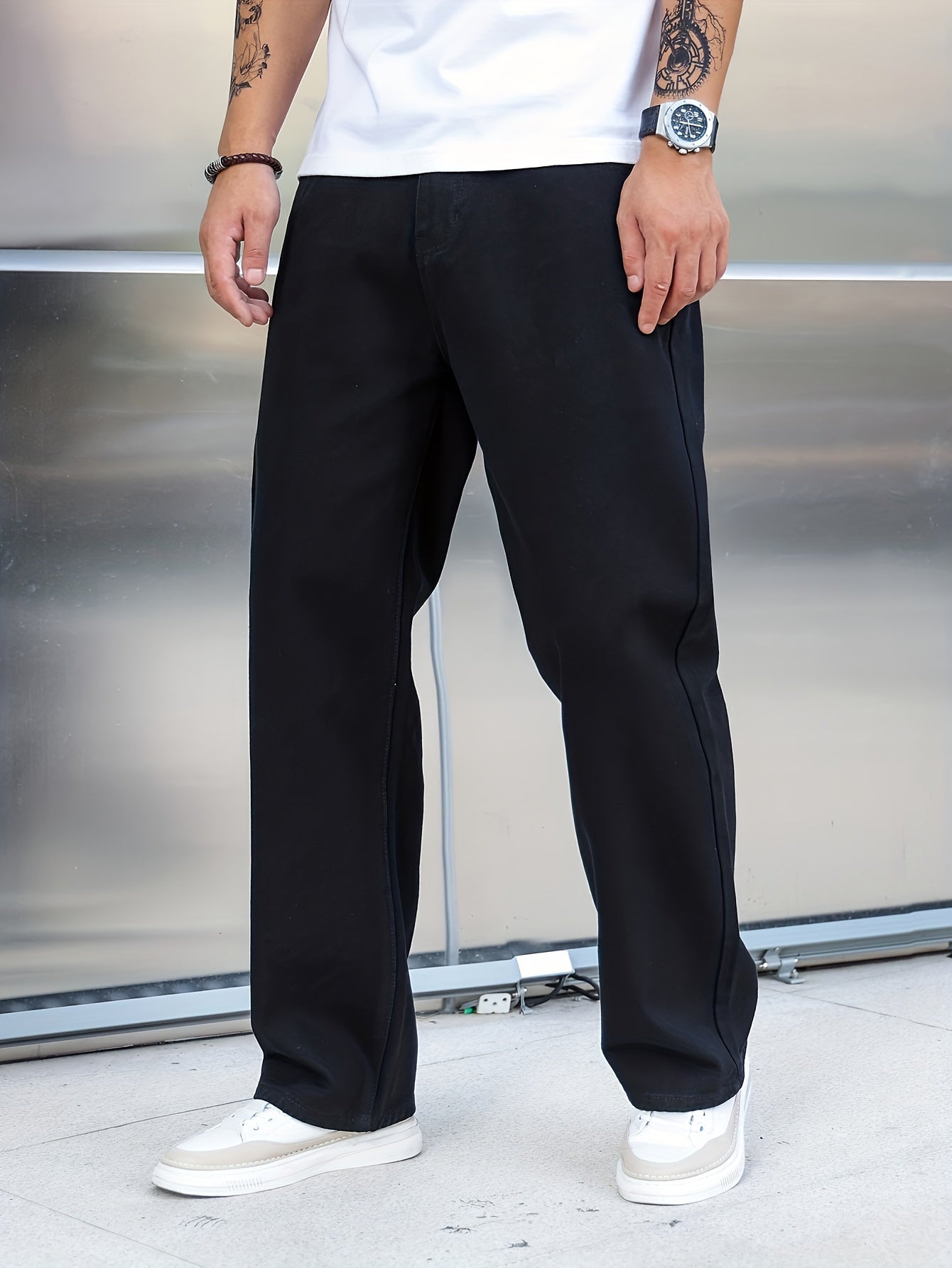 Men's Loose Fit Wide Leg Jeans, Street Style Stretch Casual Pants