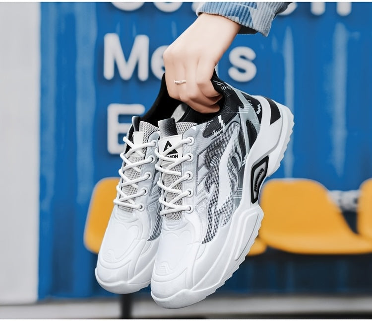 Men's Sneakers - Lightweight Cushioned Platform Sneakers with Lace-Up Closure, Non-Slip PVC Sole - Breathable Gym, Running, Casual Shoes in Grey/Black colorway - for Everyday & Light Hiking, Gym Shoes