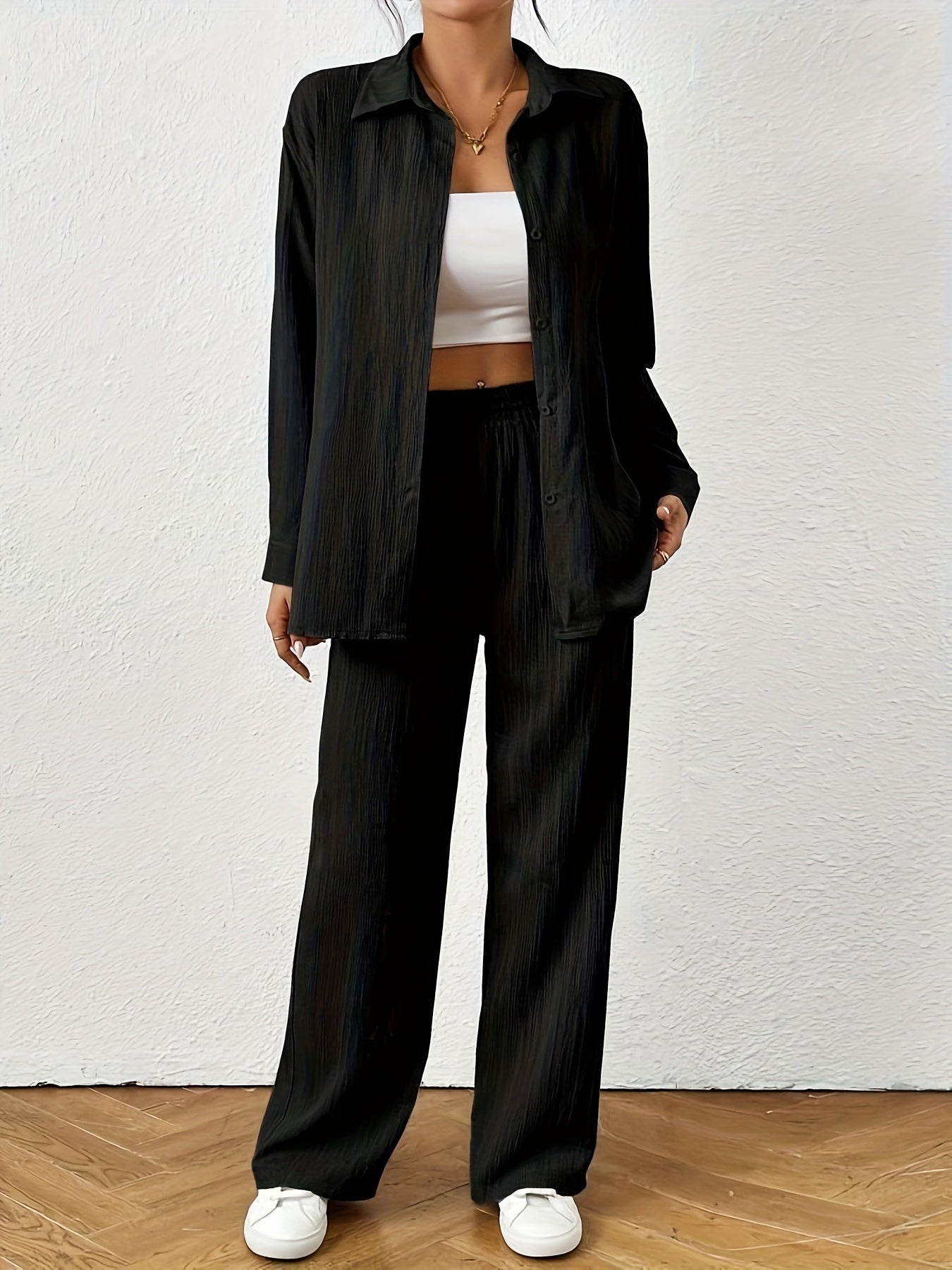 2pcs Women Spring & Autumn Casual Solid Color Long Sleeve Shirt And Pants Set