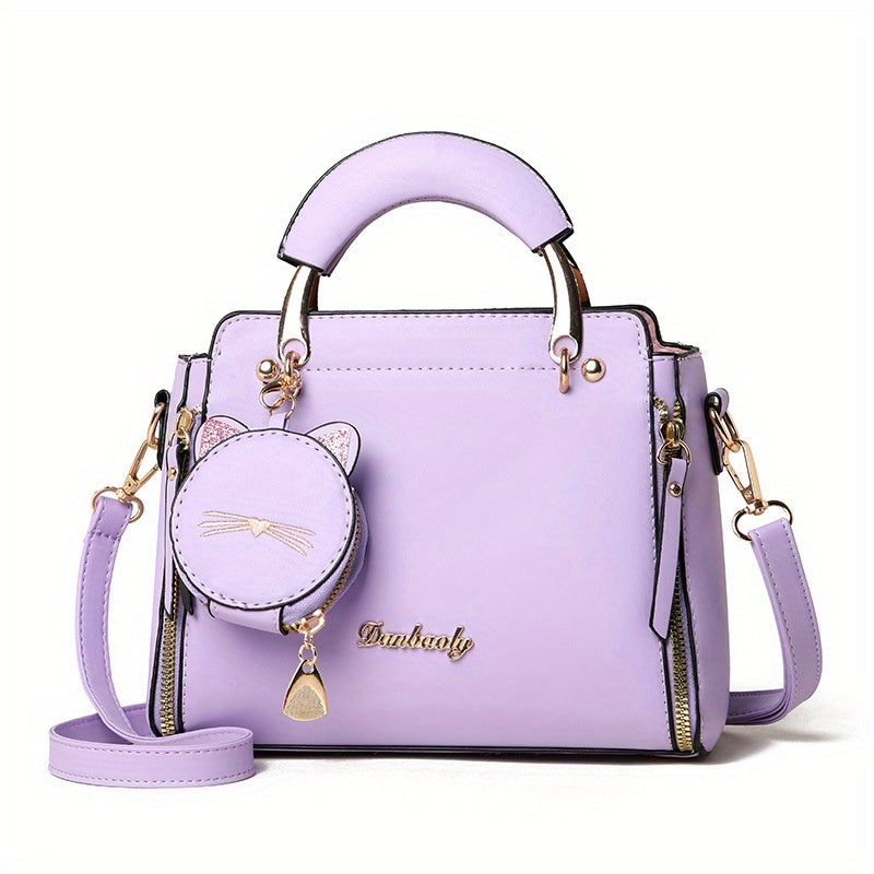 Women'S Fashion 2023 Embroidered Cat Design Messenger Bag, Removable Strap, Zipper Closure, Polyester Lined, Casual Shoulder Handbag with Edge Paint Detail