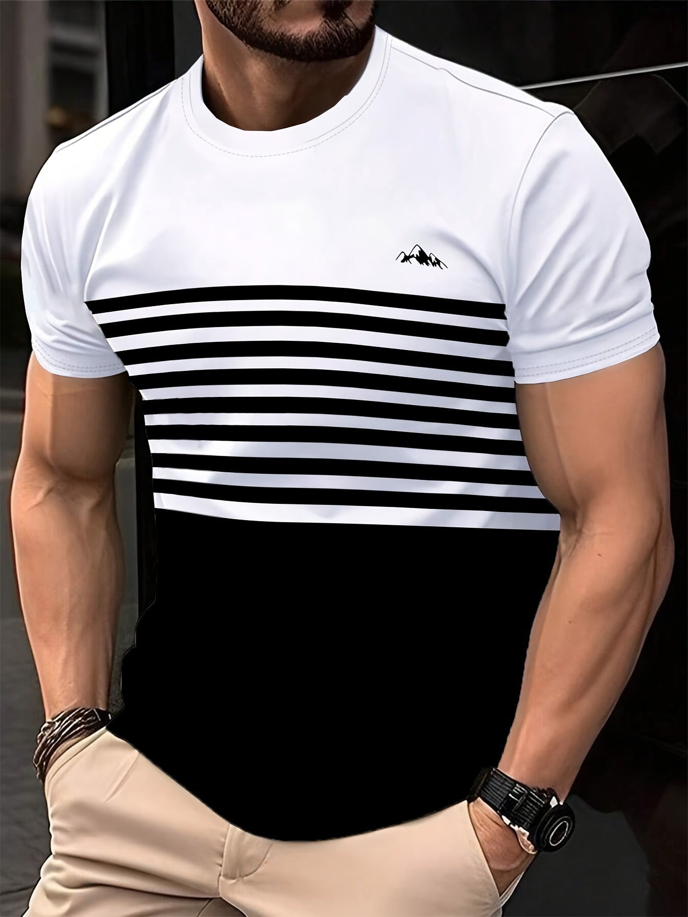 Stylish Men'S Top, a Short-Sleeve T-Shirt with Vibrant 3D Print Striped Patchwork And a Round Neck, Perfect for Summer Street Fashion And Casual Sports.