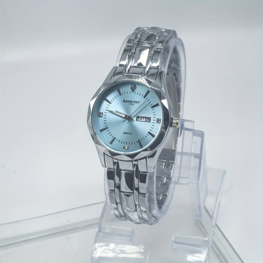 1pc BANBONY Women's Stainless Steel Quartz Watch with Rhinestone Accents, Scratch-Resistant Luminous Dial, IPX7 Waterproof, Week Calendar Display, Blue Dial & Golden-Tone Case - Luxury Casual Sports Watch for Birthdays, Holid