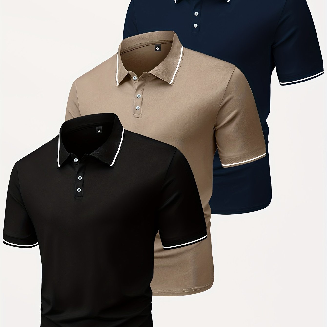 3pcs Men's Casual Fashion Shirts - Breathable Polyester, Short Sleeve, Button-Up with Classic Collar - Machine Washable, Summer Essentials in Black, White, and Beige