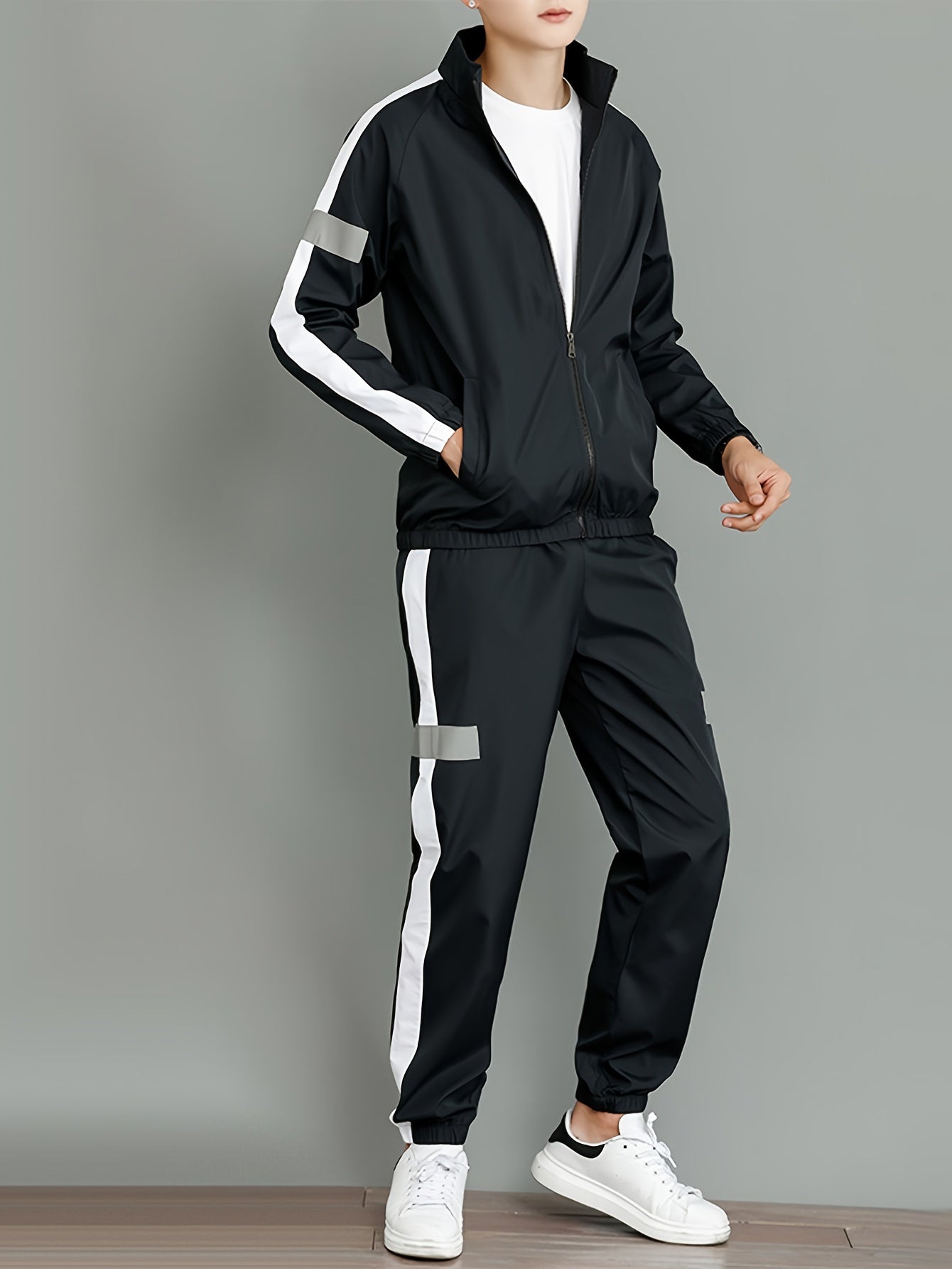 Men's Casual Sportswear Set - Black and White Striped Zip-Up Jacket with Reflective Accents & Matching Joggers, Polyester, Machine Washable, Ideal for Spring & Fall, Jogging Pants