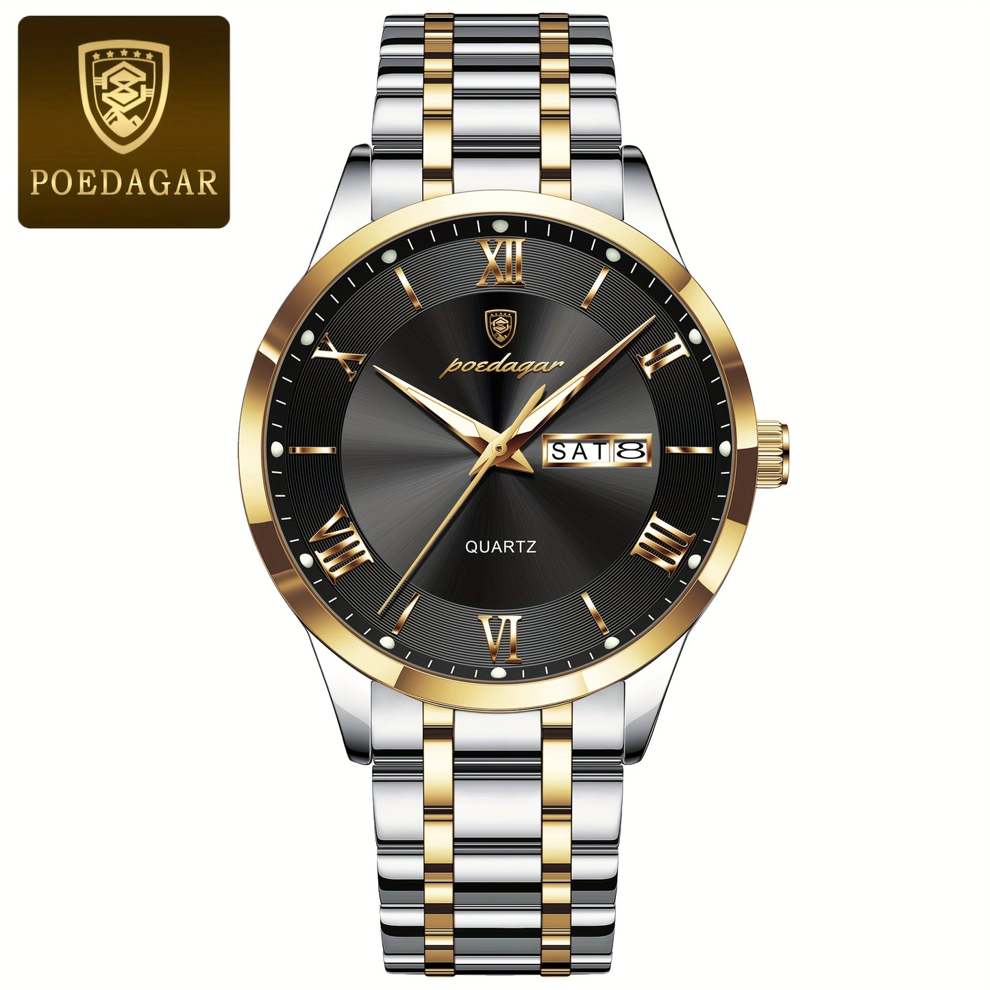 POEDAGAR Men'S Quartz Watch, Sports Style, Waterproof 3ATM, Luminous Calendar, Stainless Steel Strap, Pointer Display, Alloy Case, Electronic Drive, Non-Rechargeable Button Battery, with Spring Festival and Football Holiday T