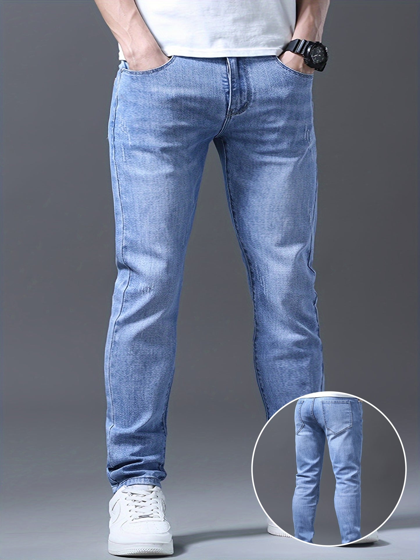 Men's Slim-Fit Stretch Denim Jeans - Light Blue, Versatile for All Seasons