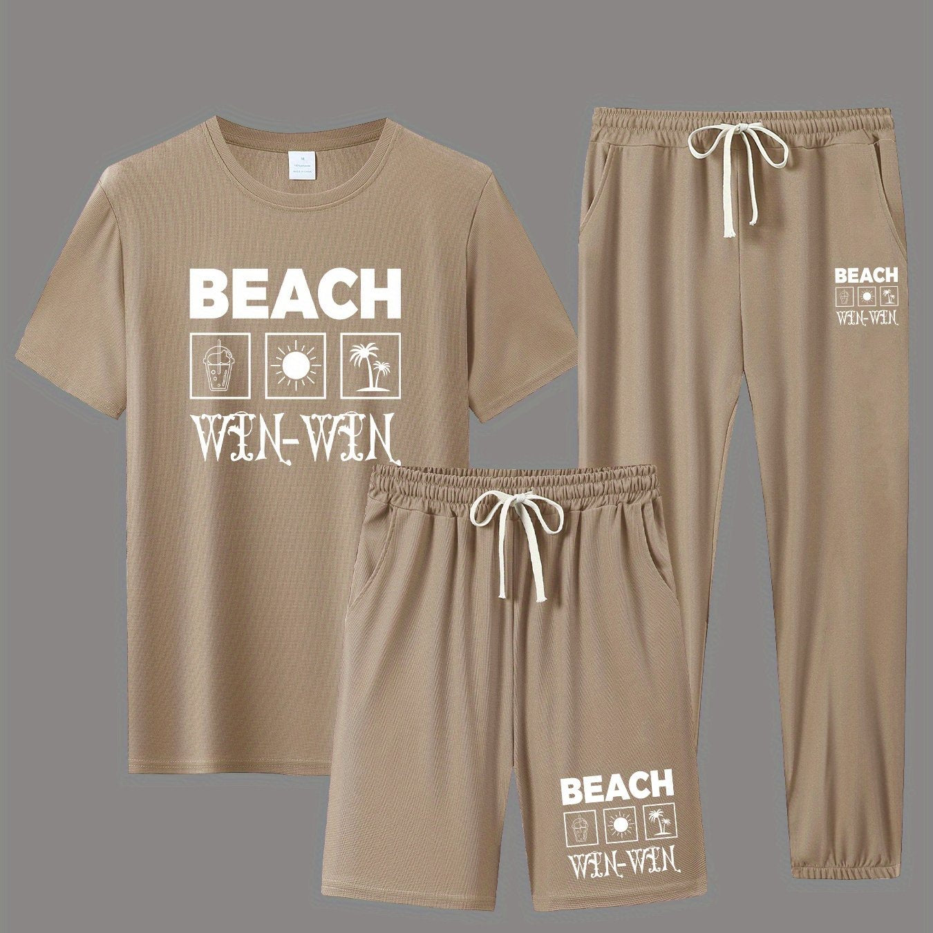 BEACH Men's 3-Piece Casual Sportswear Set, Crew Neck Short Sleeve T-Shirt with Shorts and Long Pants, Versatile Simple Breathable Summer Outfits, Knit Fabric Regular Fit, 100% Polyester Material, Casual Style Lash Sets, Sligh