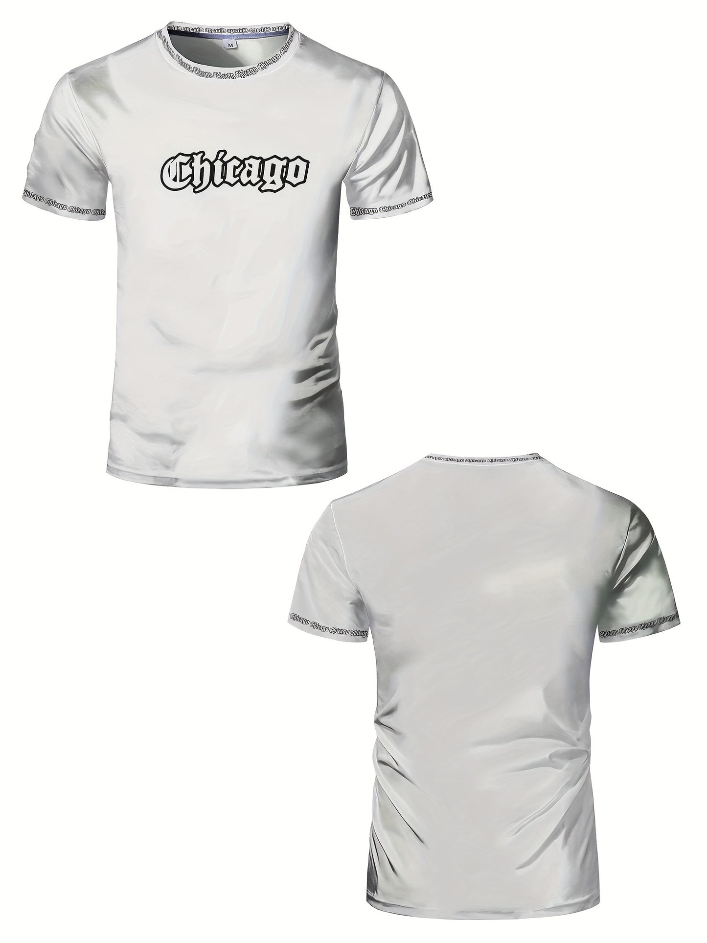 Men'S Chicago Print T-Shirt, Polyester-Spandex Blend, Crew Neck, Short Sleeve, Geometric Pattern, High Stretch, Tear Resistant, Sports & Casual Style, Summer Fit Top for Training, Yoga, Hiking & Festive Occasions