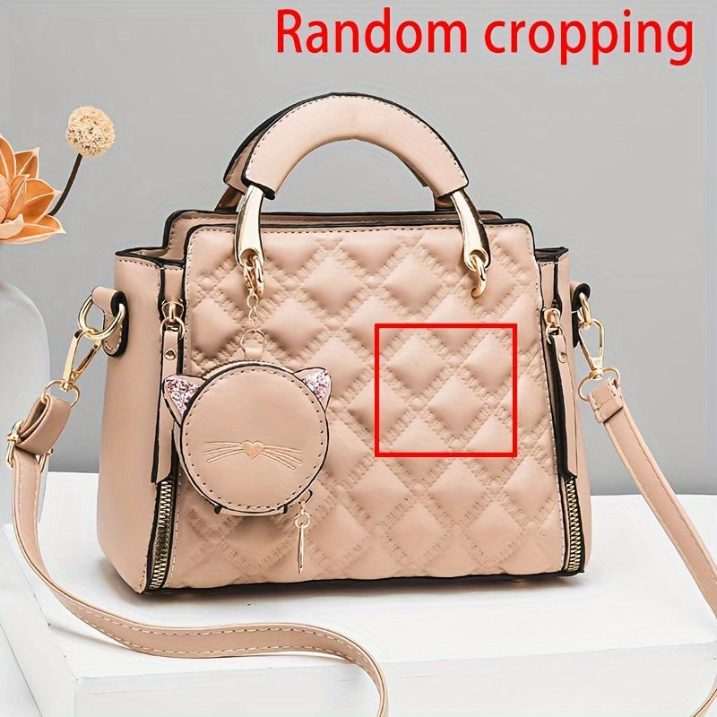 Women'S Fashion 2023 Embroidered Cat Design Messenger Bag, Removable Strap, Zipper Closure, Polyester Lined, Casual Shoulder Handbag with Edge Paint Detail