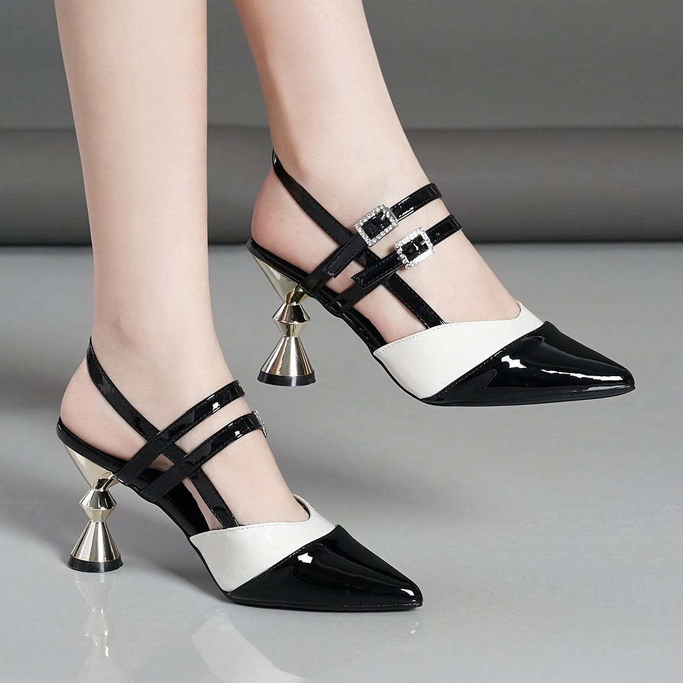 Women'S Black & White Block Heel Pumps - Pointed Toe, Synthetic Cover, Rubber Sole, High Heel Dress Shoes for Summer, Elegant Office & Formal Wear, High Heel Shoe