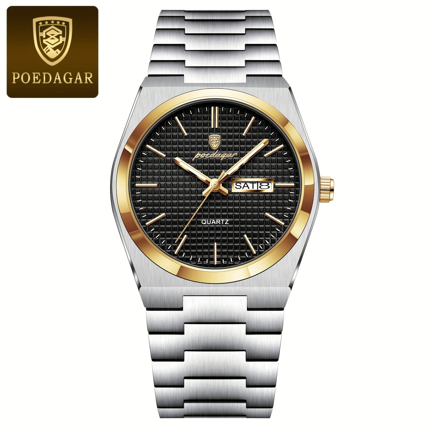 POEDAGAR Elegant Women'S Quartz Watch, Luminous Calendar, Stainless Steel Band, Round Alloy Case, Fashionable Night-Glowing Dial with Blue & Orange Accents