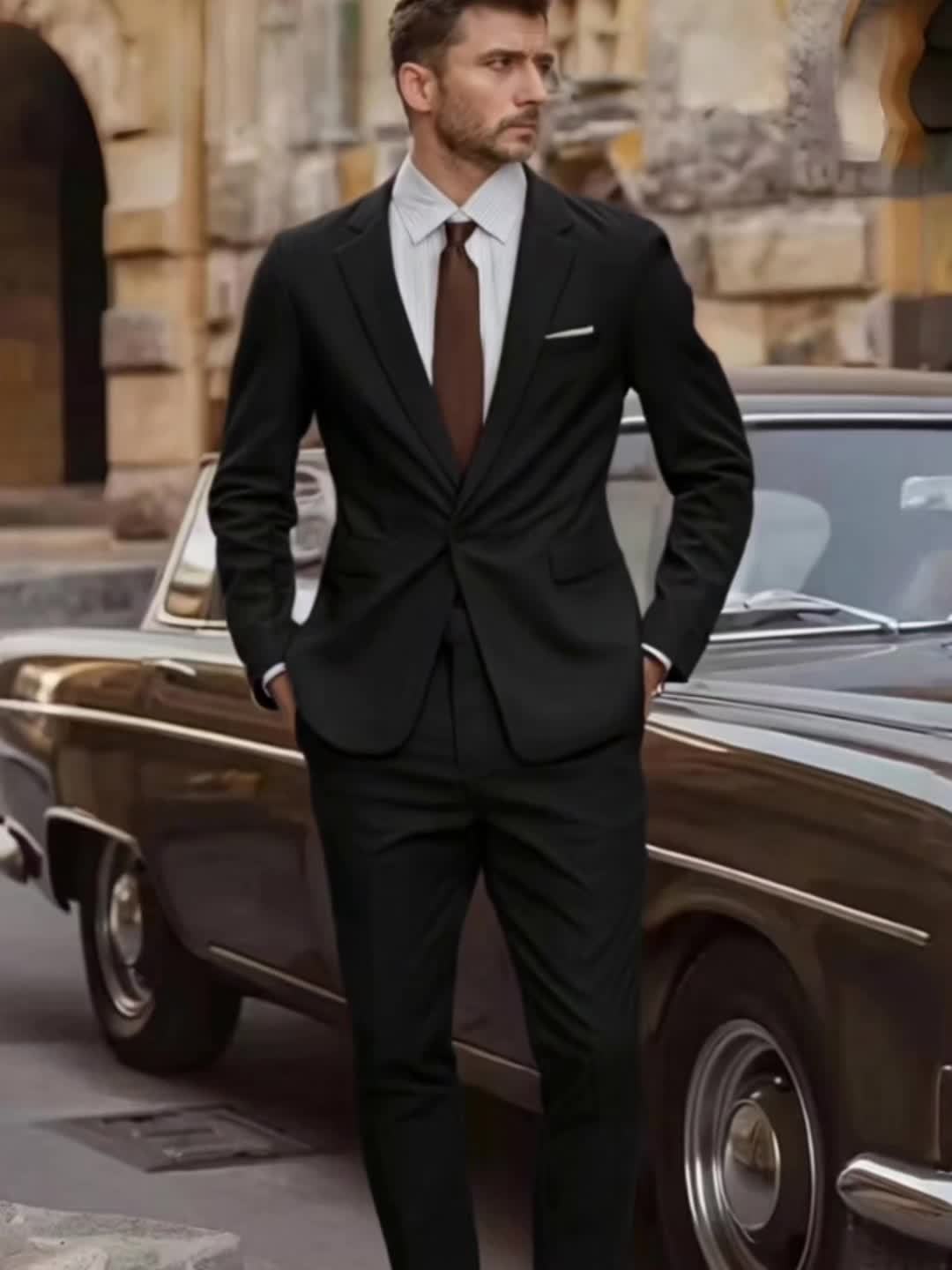 2pcs Men's Elegant Business Casual Suit Set - Includes Classic Lapel Blazer & Dress Pants, Polyester/Rayon Blend, with Pockets - Perfect for Weddings & Formal Occasions