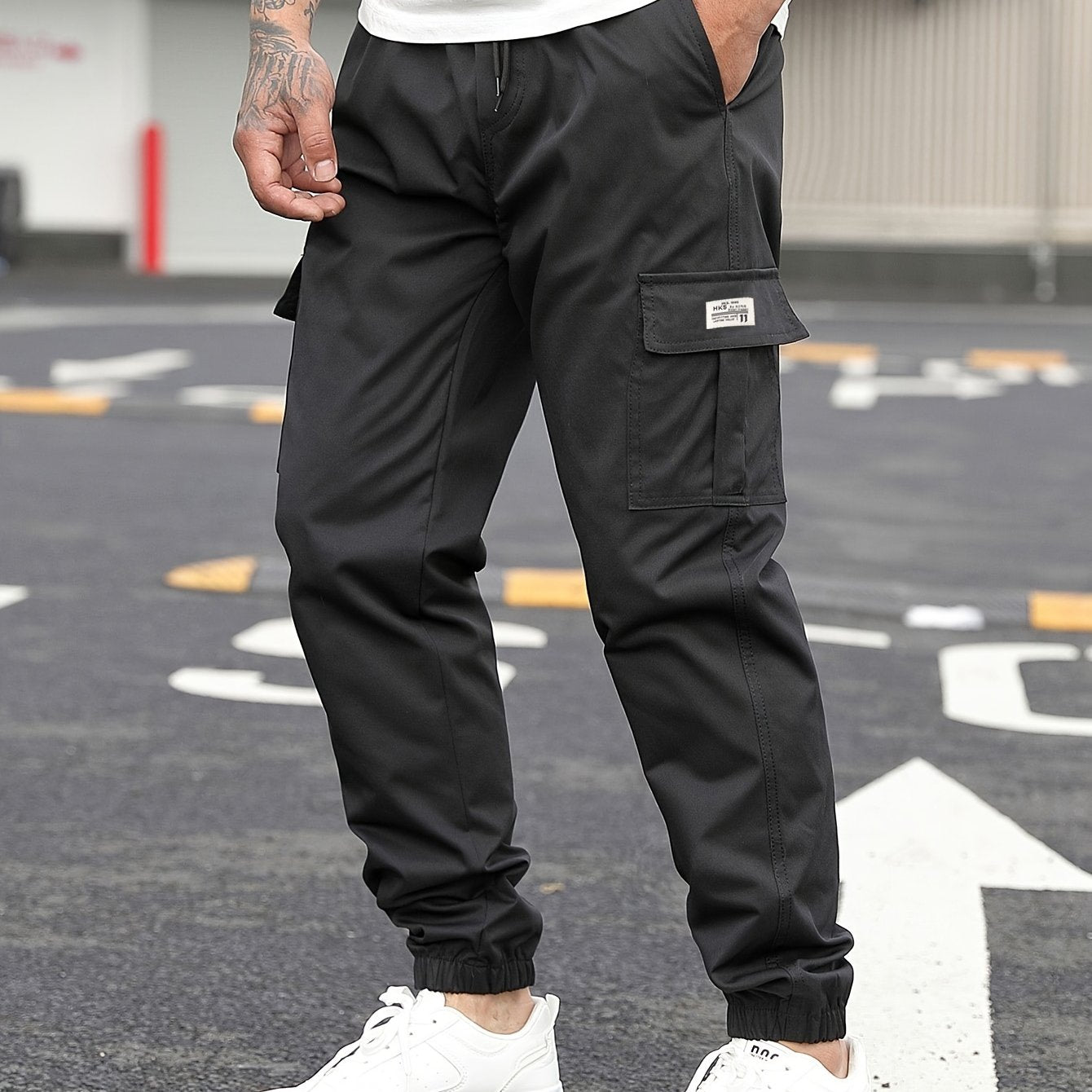 1pc Men'S Casual Polyester Cargo Pants - Mid Waist Elastic Joggers with Multiple Pockets, Non-Stretch Solid Color, Regular Fit for Weekend Wear - Spring/Fall Fashion Trousers