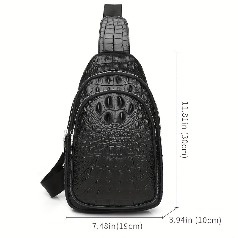 SCHLATUM Genuine Leather Crocodile Pattern Sling Bag - Black, Large-Capacity Multifunctional Crossbody Backpack for Travel, Sports & Camping, Stylish Zipper Closure Design