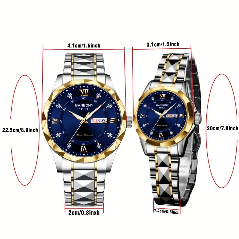 2pcs Couple Watch BANBONY Brand Trendy Fashion Men's and Women's Quartz Watch Stainless Steel Strap with Rhinestone Luminous High-definition Disc Waterproof Night Light Display Week Calendar Display Wristwatch Holiday Gift fo