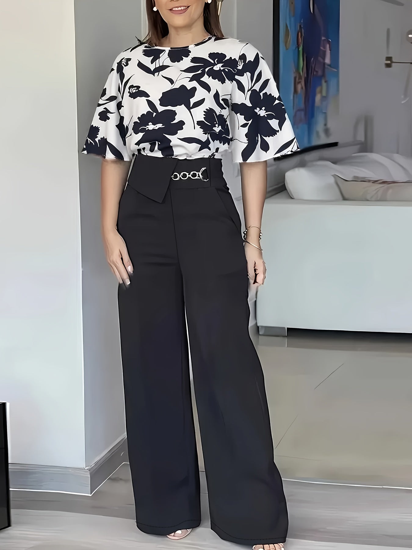 Women's Elegant Printed Short Sleeve Round Neck Shirt and Long Pants Set